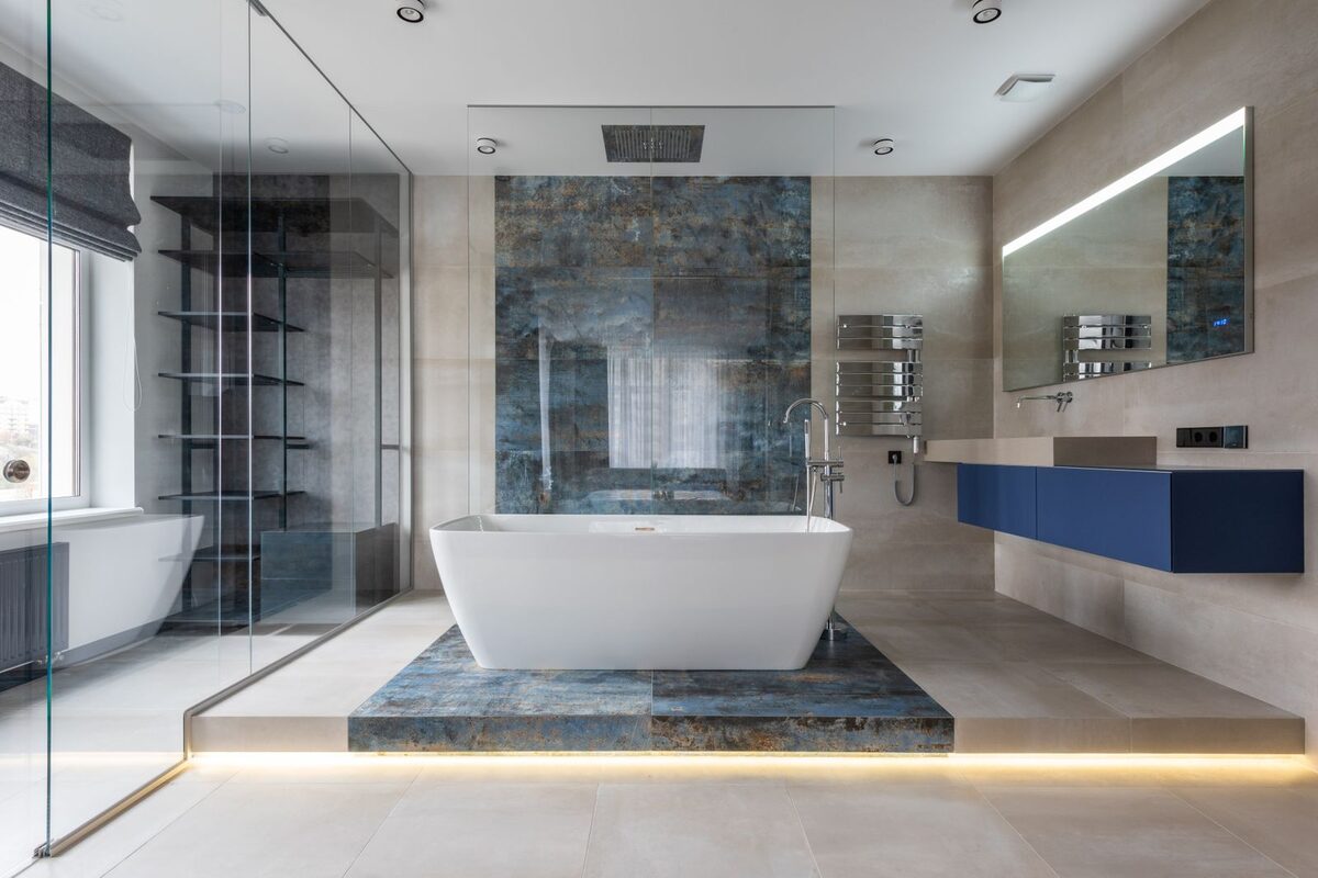 Marble bathroom with a freestanding tub and a walk-in rain shower